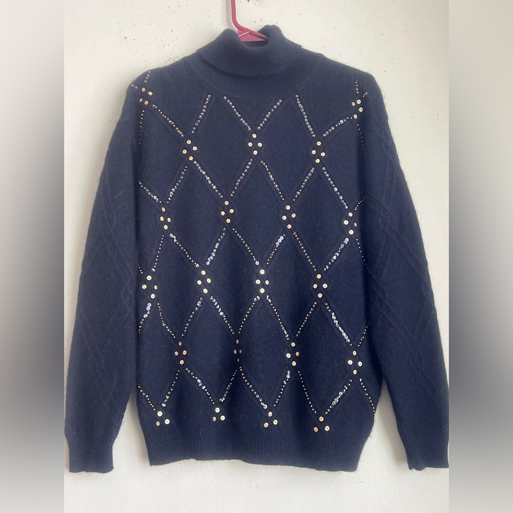 JEANNE PIERRE Black Turtleneck Sweater with Gold Details